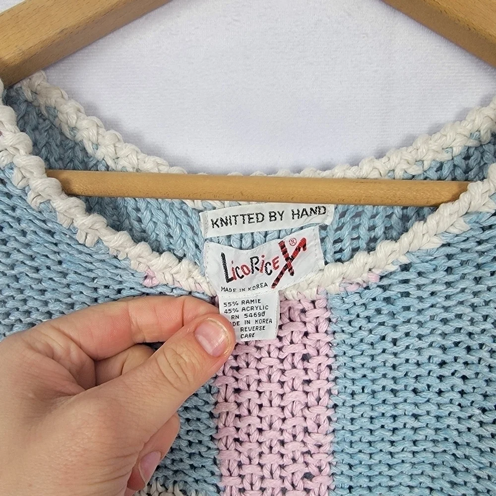 Womens Medium Cozy Blue and Pink Plaid Knit Sweater